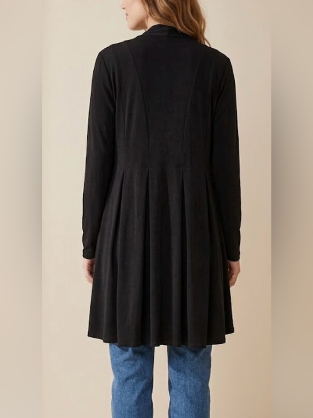 Chicos Travelers 3 (XL) Longline Open Cardigan Black Pleated Back Stretch Slinky